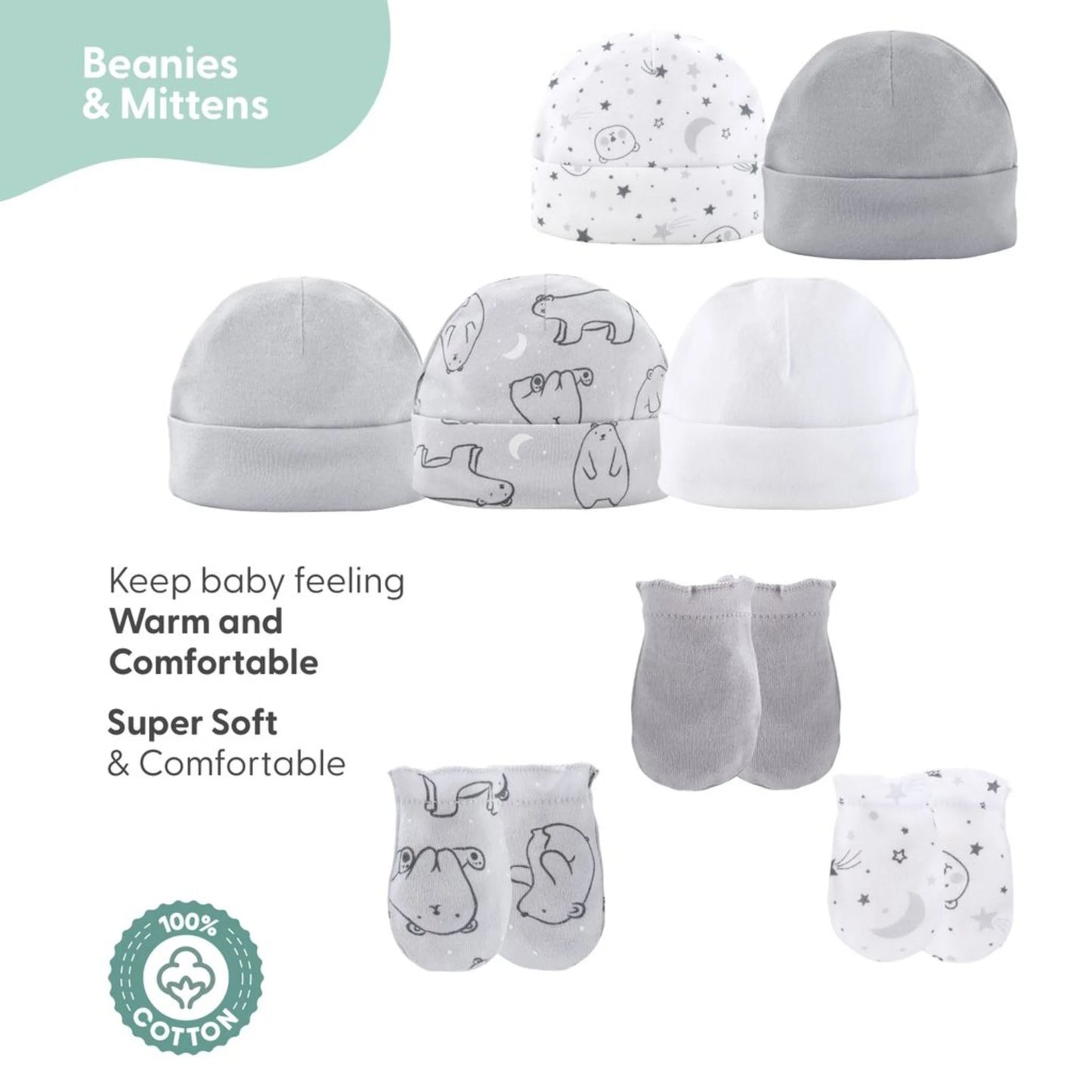 Newborn Baby Layette Gift Set for Baby Boys and Girls, Shower Gift Essentials, Grey and White Celestial Bears