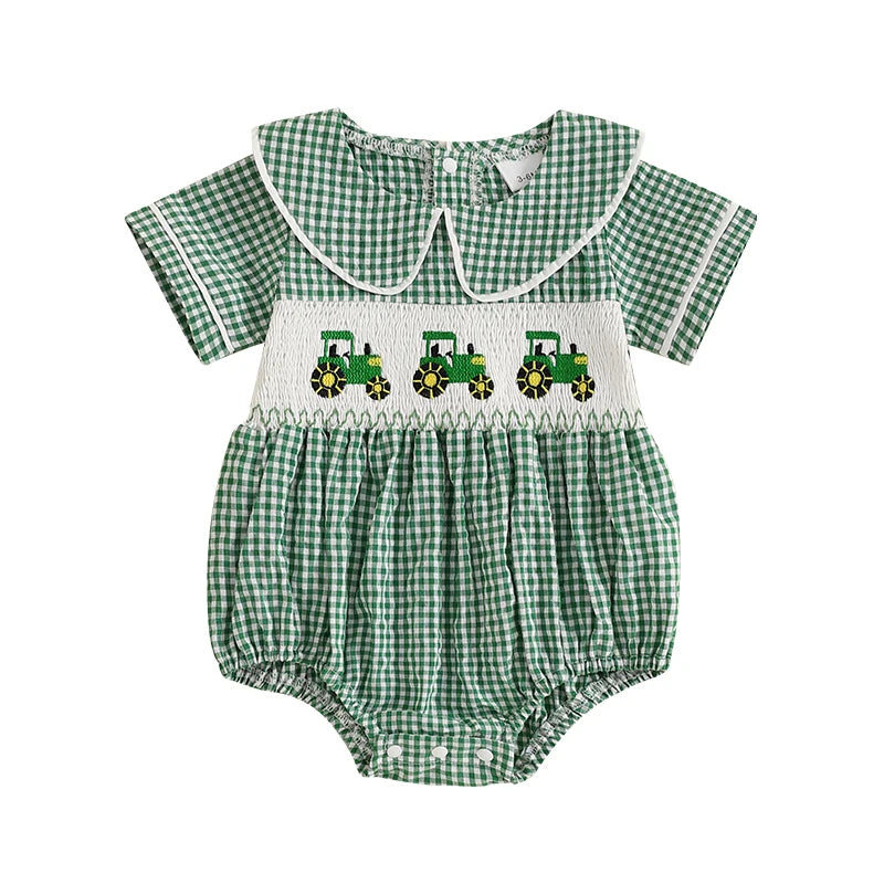 Tractor Embroidered Plaid Romper