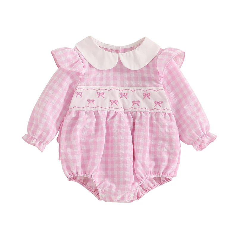 Embroidered Long Sleeve Plaid Romper