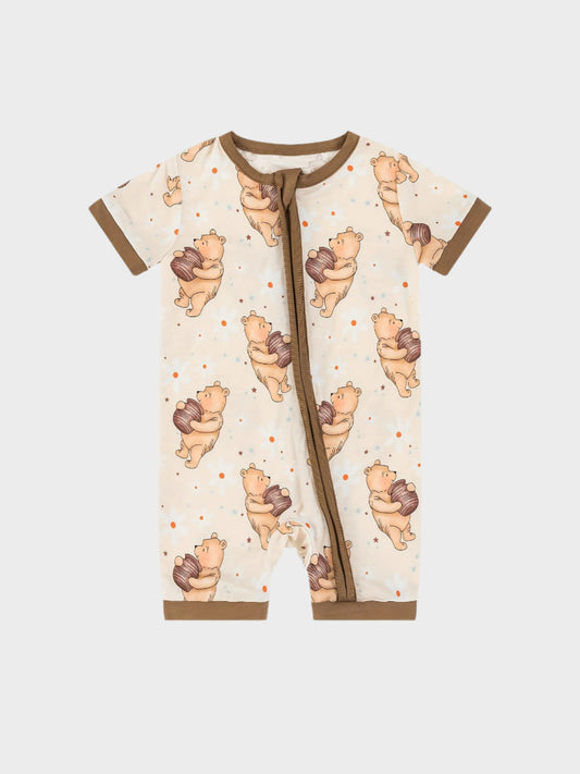 Short Sleeve Cartoon Bear & Honey Pattern