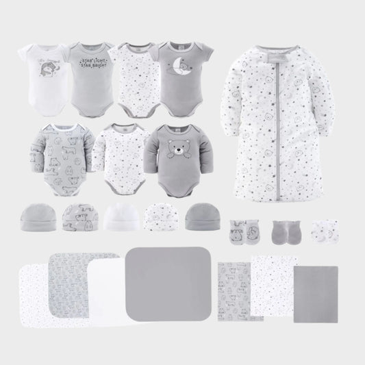 Newborn Baby Layette Gift Set for Baby Boys and Girls, Shower Gift Essentials, Grey and White Celestial Bears