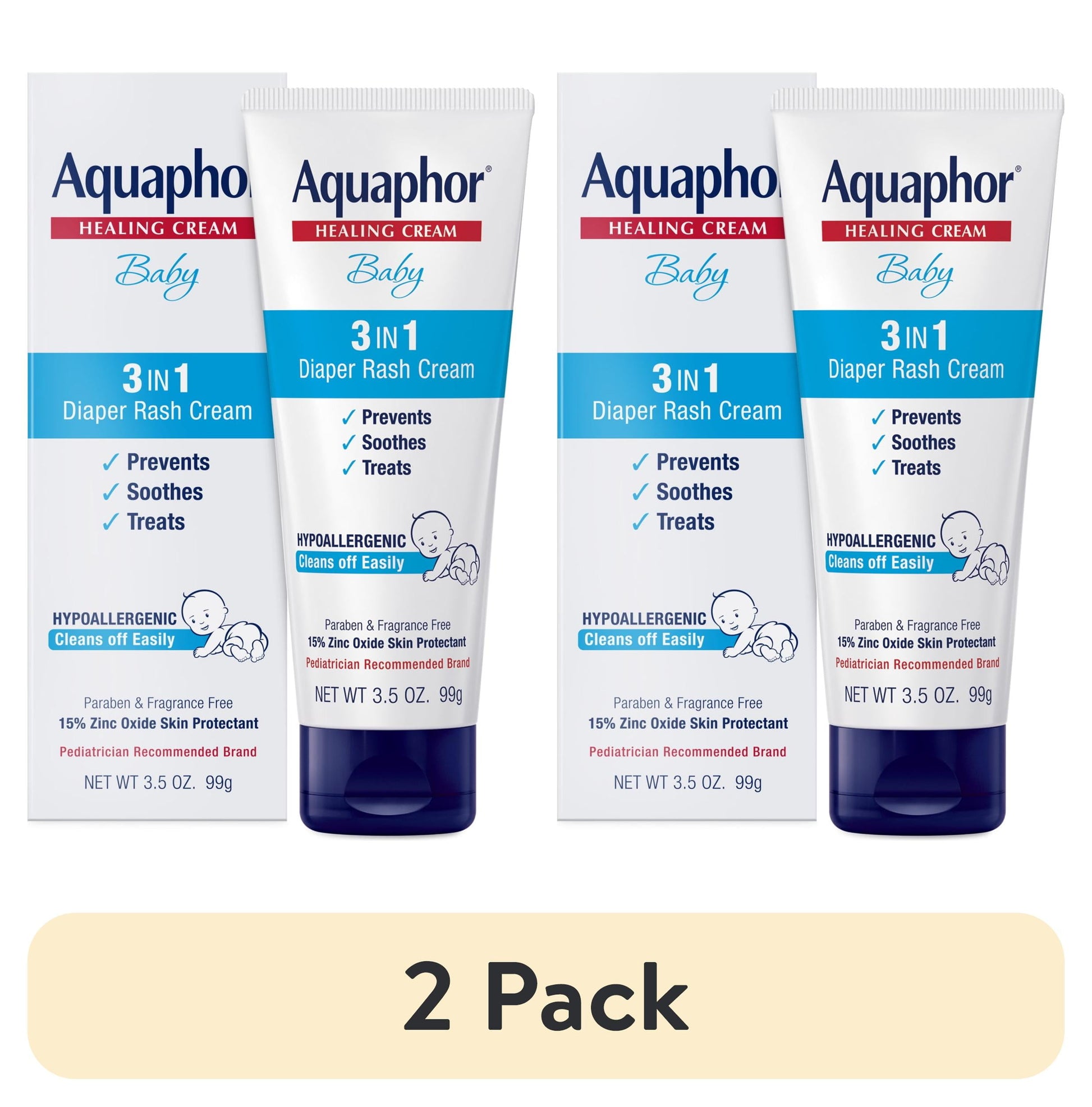 (2 Pack)  Baby Diaper Rash Cream with Zinc Oxide, Hypoallergenic, Paraben and Fragrance Free, 3.5 Oz