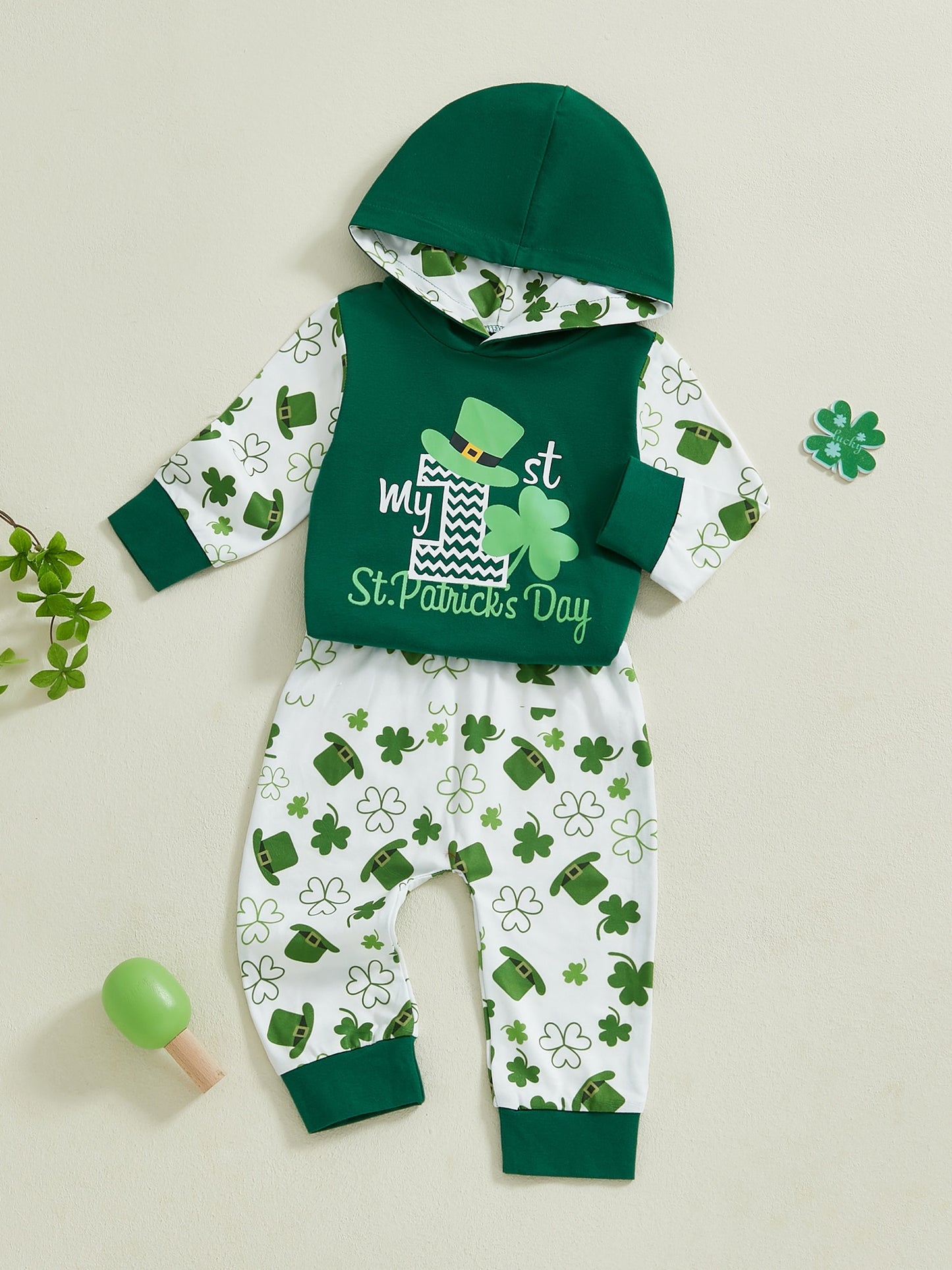 Ensemble 2 pièces barboteuse à manches longues avec capuche et pantalon à imprimé trèfle