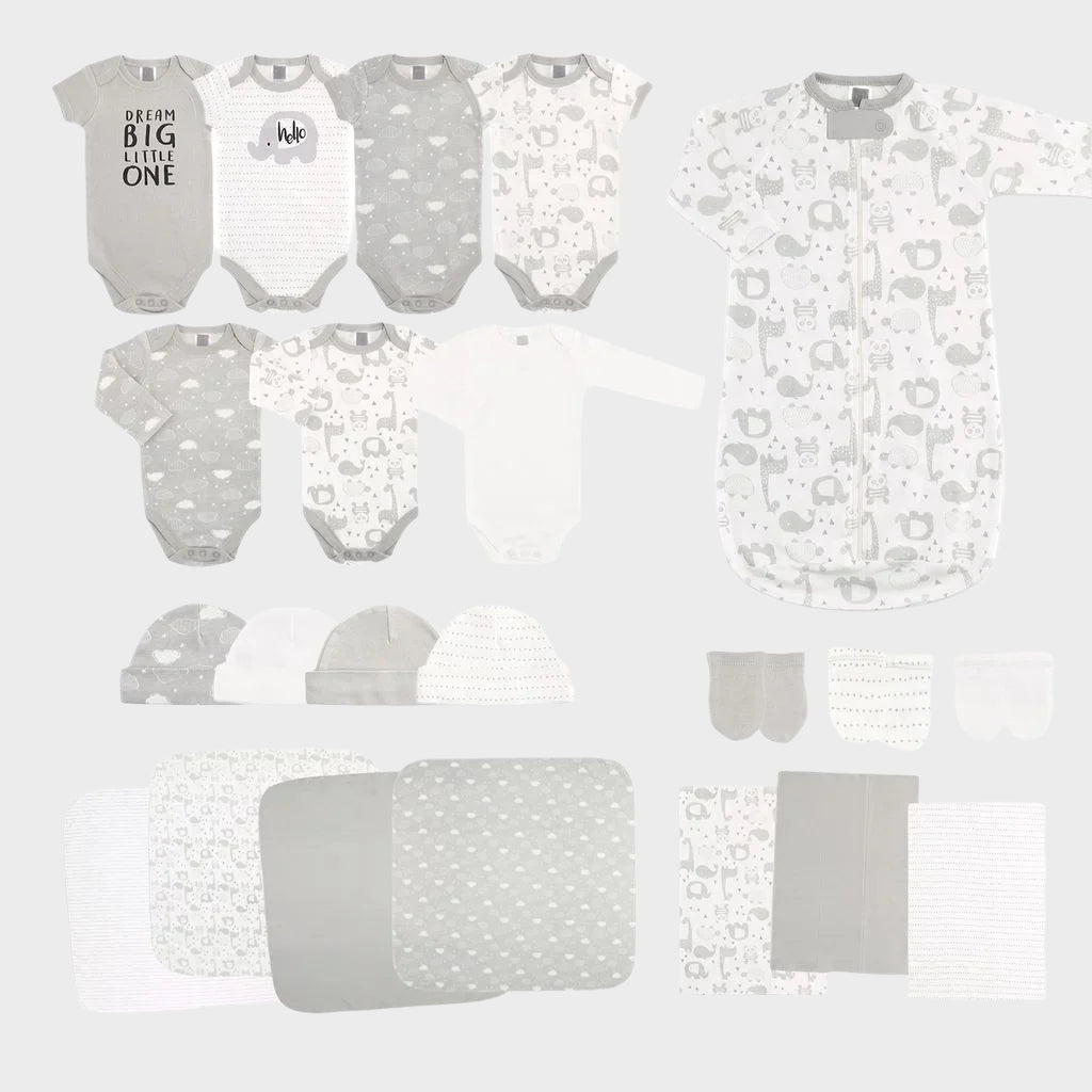 Newborn Baby Layette Gift Set for Boys and Girls, Shower Gift Essentials, Grey Sleepy Elephants