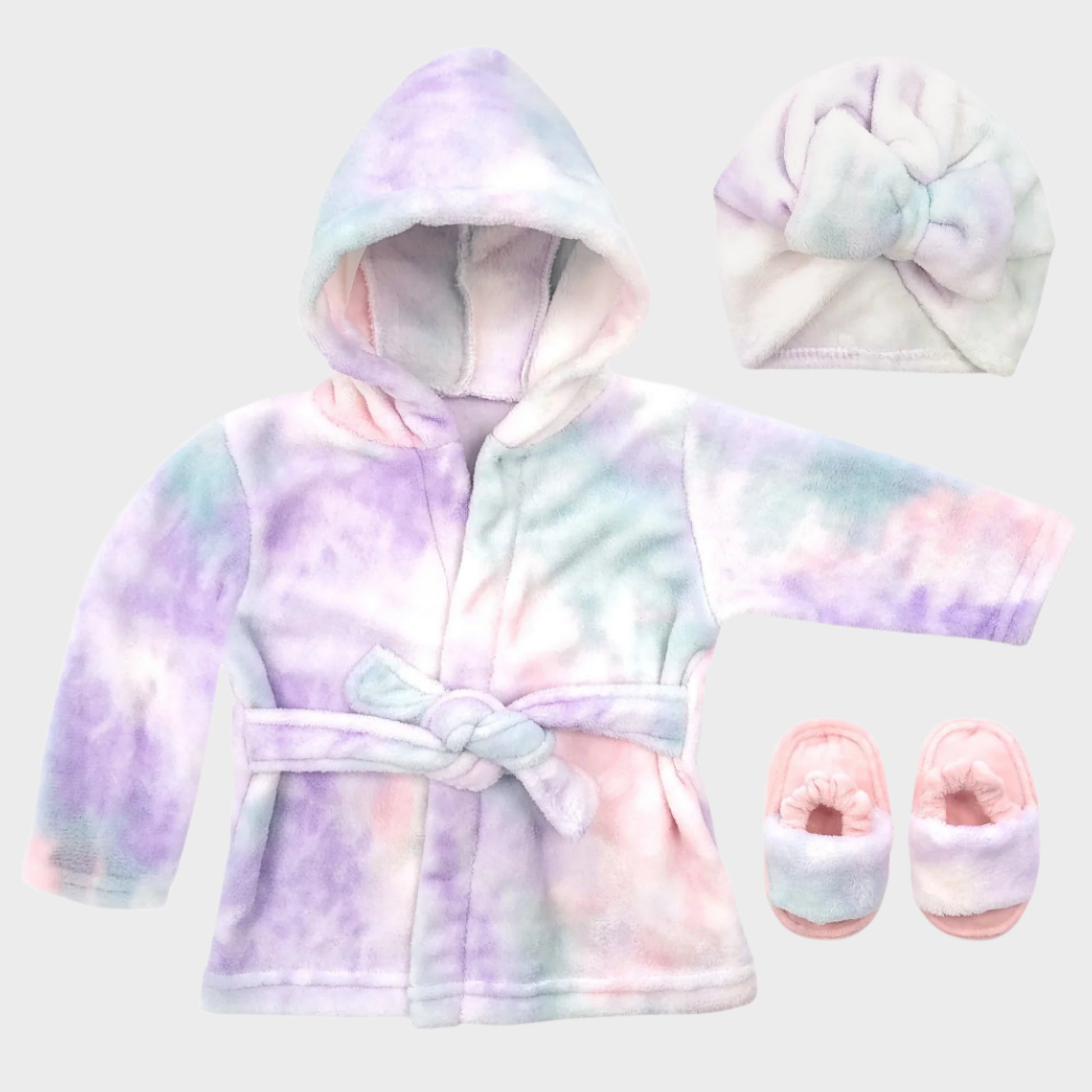 Baby Robe - Soft Plush Bath Towel Robe Spa Set - Baby Bathrobe Towel & Slippers for Boys + Turban for Girls Robe Set (Tie Dye, 12-24 Months)