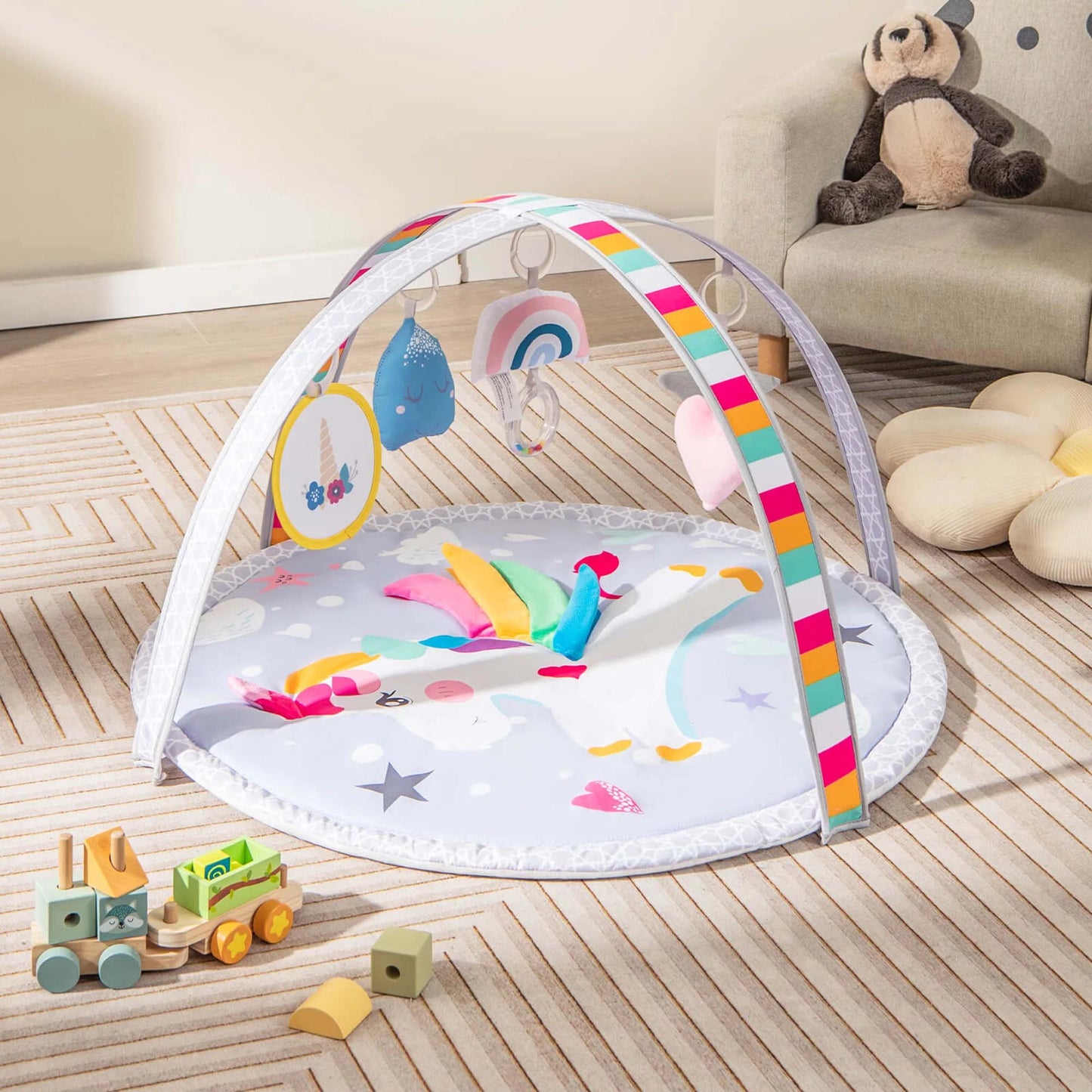 Baby Play Gym Mat Thicker Tummy Time Mat with 5 Detachable Hanging