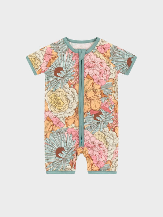 Zip Up Short Sleeve Floral Pattern