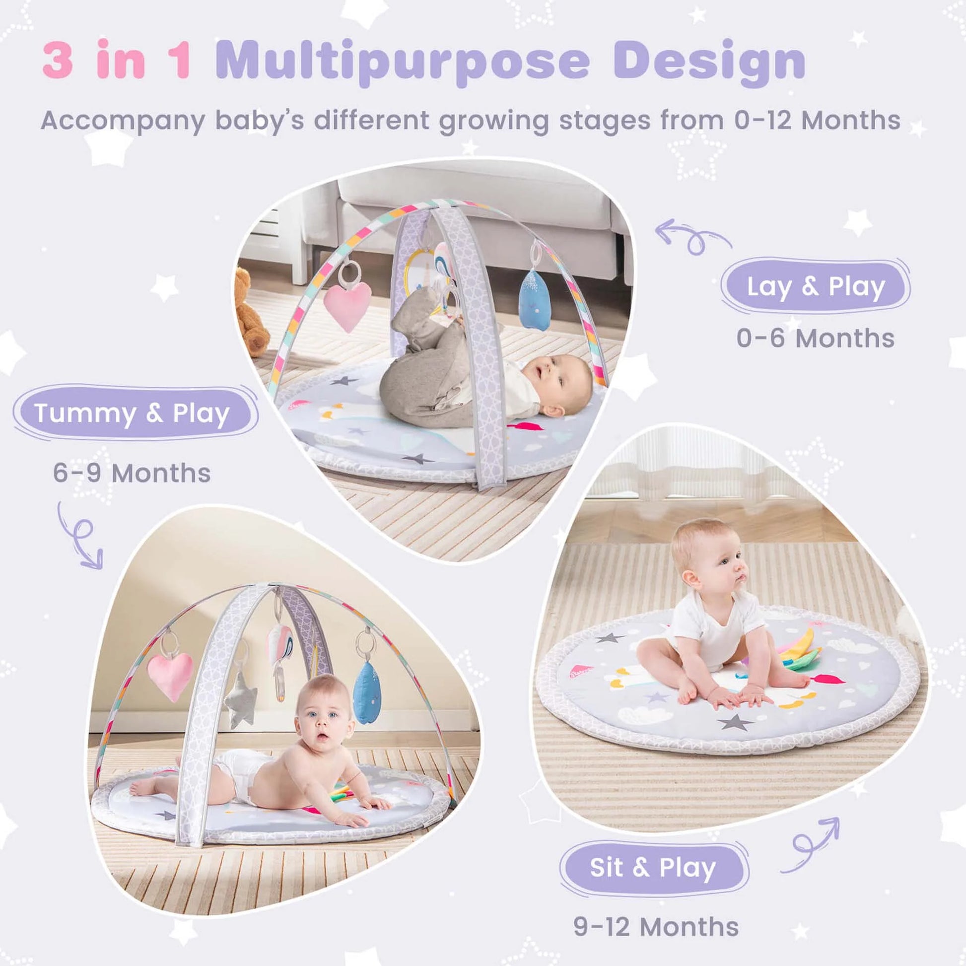 Baby Play Gym Mat Thicker Tummy Time Mat with 5 Detachable Hanging