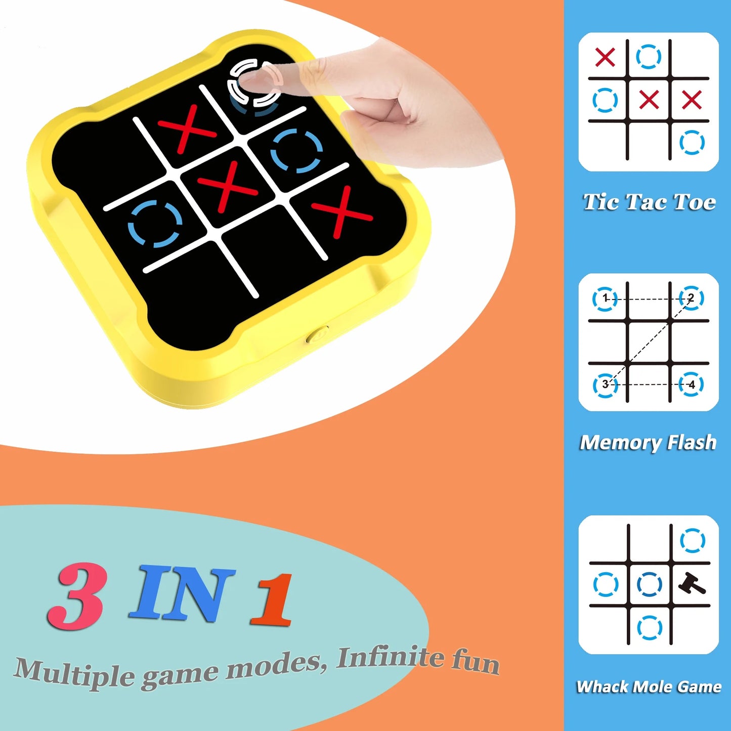 Electronic Tic Tac Toe Game, 3-In-1 Handheld Digital Puzzle Game Console, Portable Learning Travel Toys, Ideal Gift for Kids of All Ages, Yellow