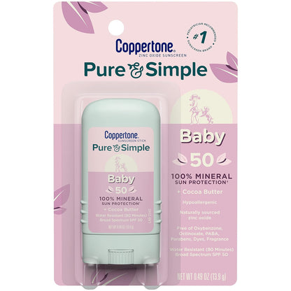 Pure and Simple Baby Sunscreen Stick SPF 50, Zinc Oxide Mineral Sunscreen for Baby, Body and Face, 0.49 Oz Stick