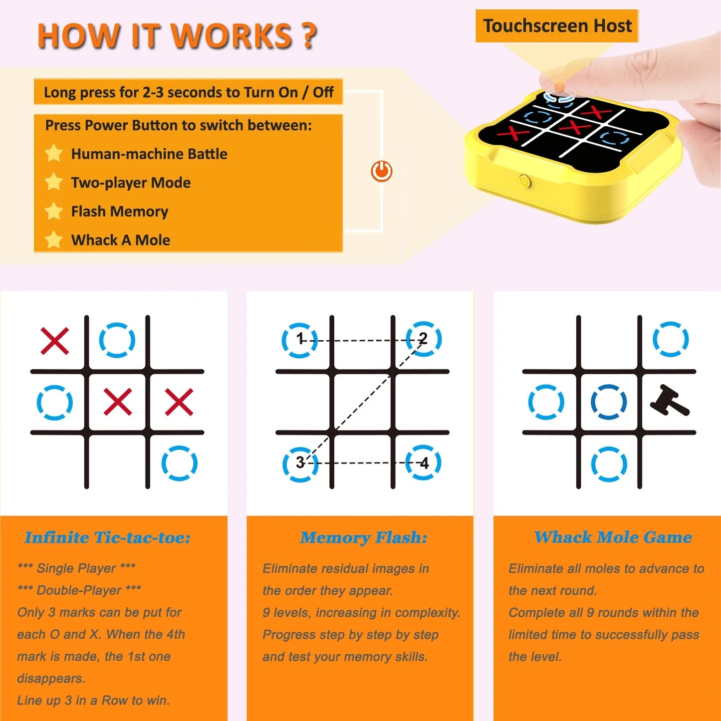 Electronic Tic Tac Toe Game, 3-In-1 Handheld Digital Puzzle Game Console, Portable Learning Travel Toys, Ideal Gift for Kids of All Ages, Yellow