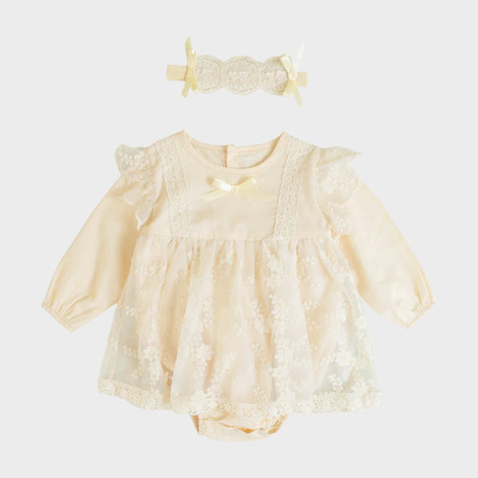 Puff Long Sleeve Romper Dress With Headband