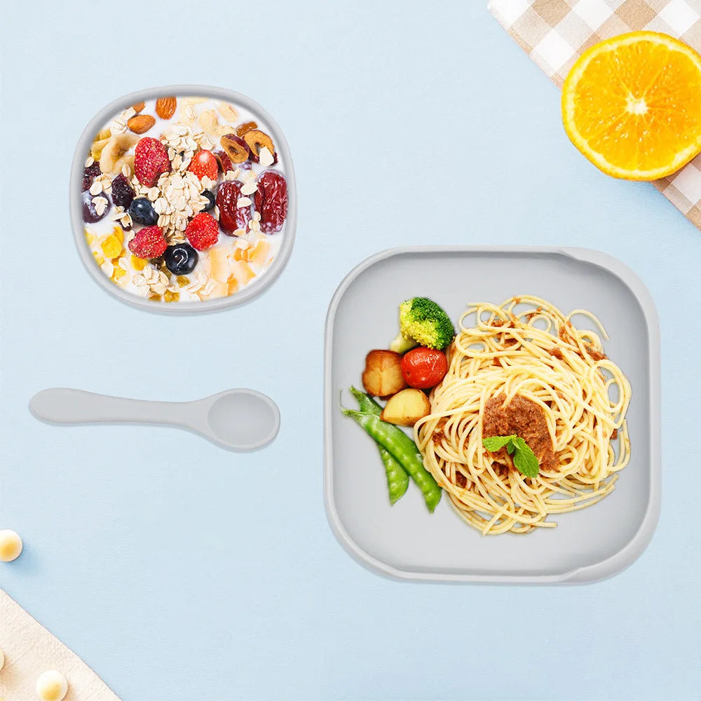 Assiette carrée en silicone essentielle avec cuillère et fourchette anti-fuites