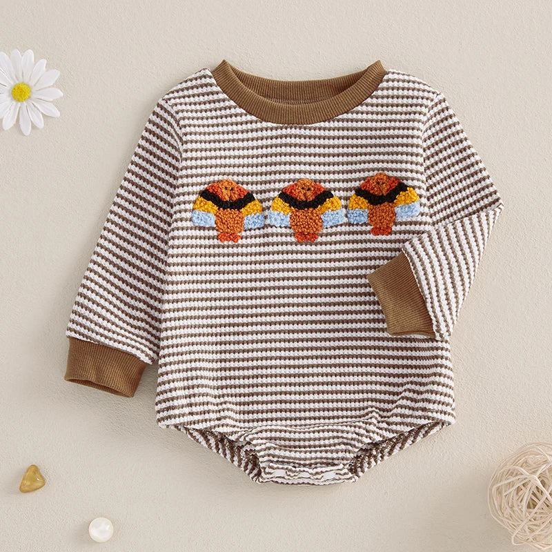 Barboteuse décontractée à manches longues avec broderie de dinde et rayures