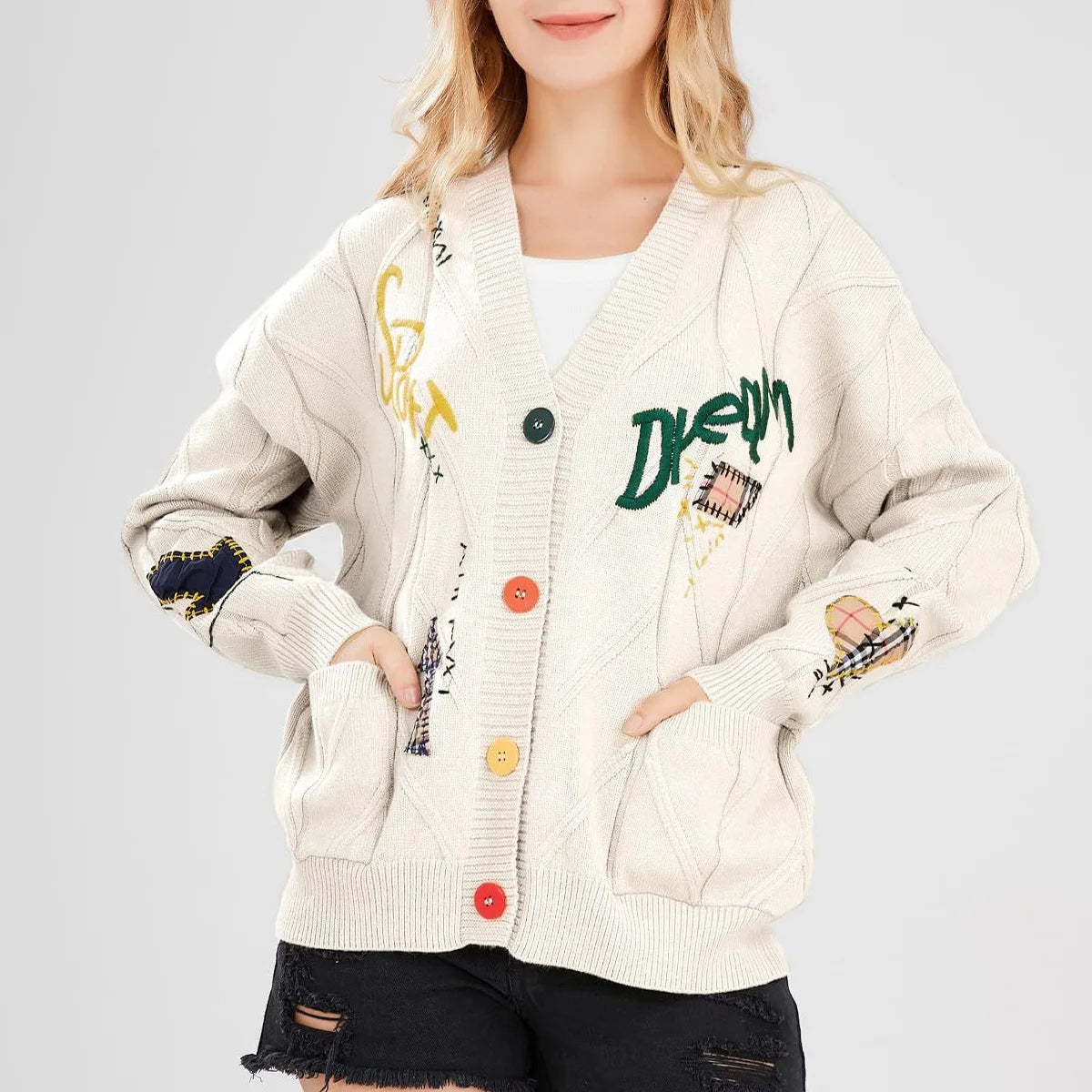 Embroidery Knitted V Neck Cardigan