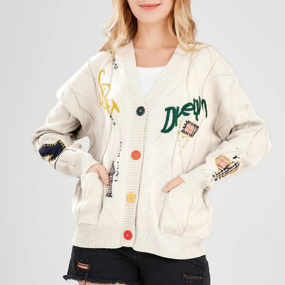 Embroidery Knitted V Neck Cardigan