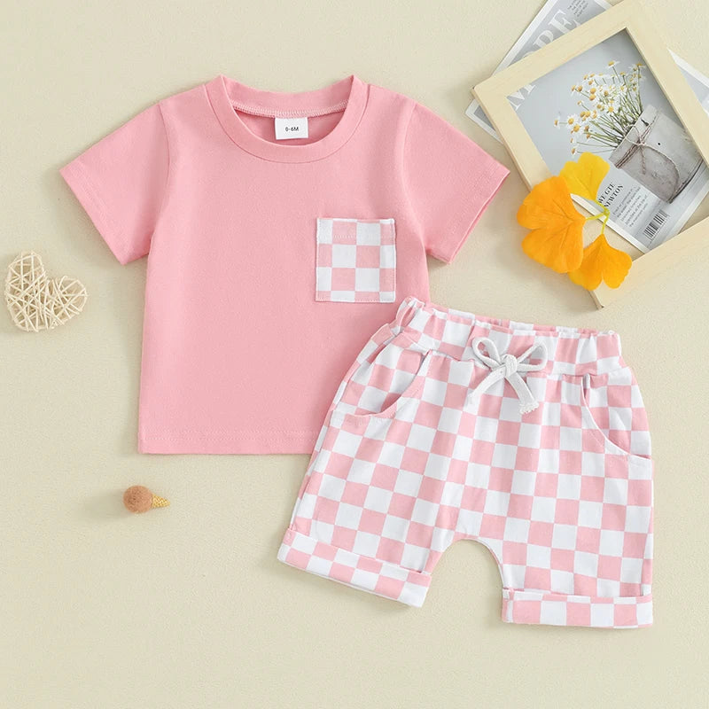 2 Piece Set Checkered Summer Patchwork Suit