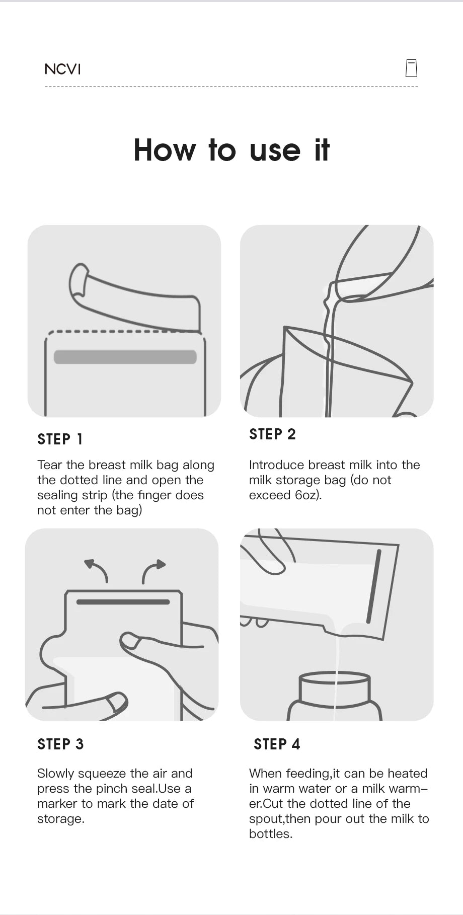 Sacs de conservation du lait maternel NCVI, sacs de congélation de lait de 200 ml pour l'allaitement