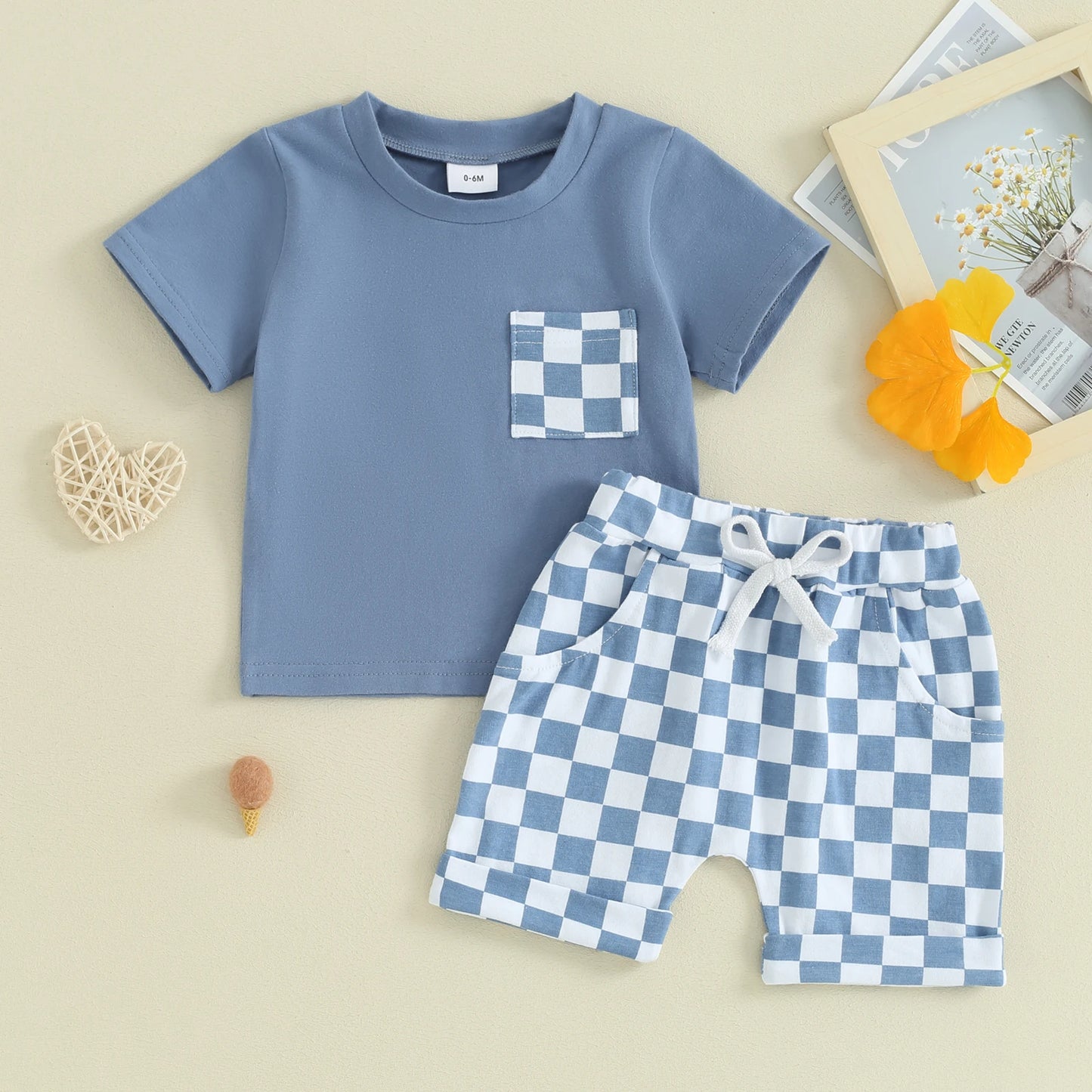 2 Piece Set Checkered Summer Patchwork Suit