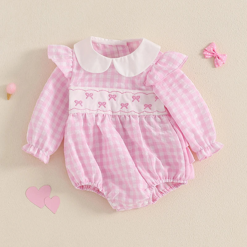 Embroidered Long Sleeve Plaid Romper