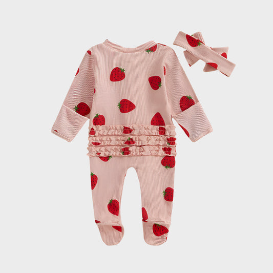 Ruffles Strawberry Long Sleeve Jumpsuits with headband