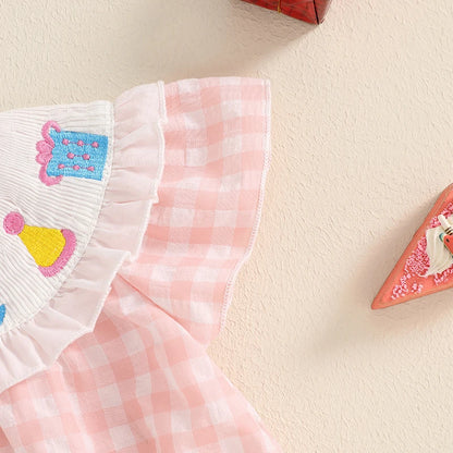 Barboteuse à manches courtes avec broderie à carreaux