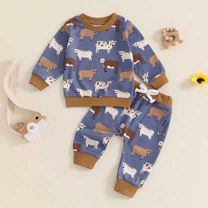 2 Pieces Cartoon Cow Top & Pants Suit