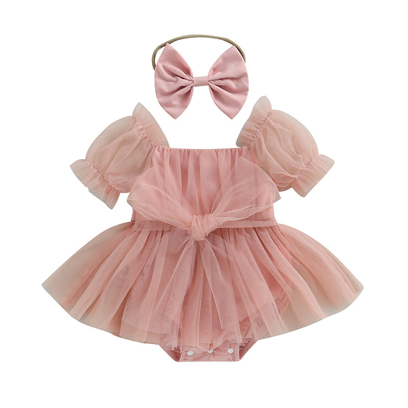 Romper Dress Short Puff with Bow Headband