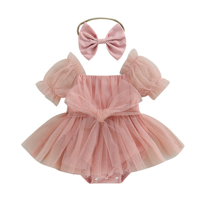 Romper Dress Short Puff with Bow Headband