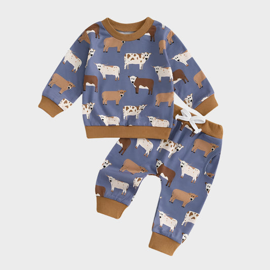 2 Pieces Cartoon Cow Top & Pants Suit