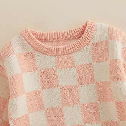 Checked-Box Long Sleeve O Neck