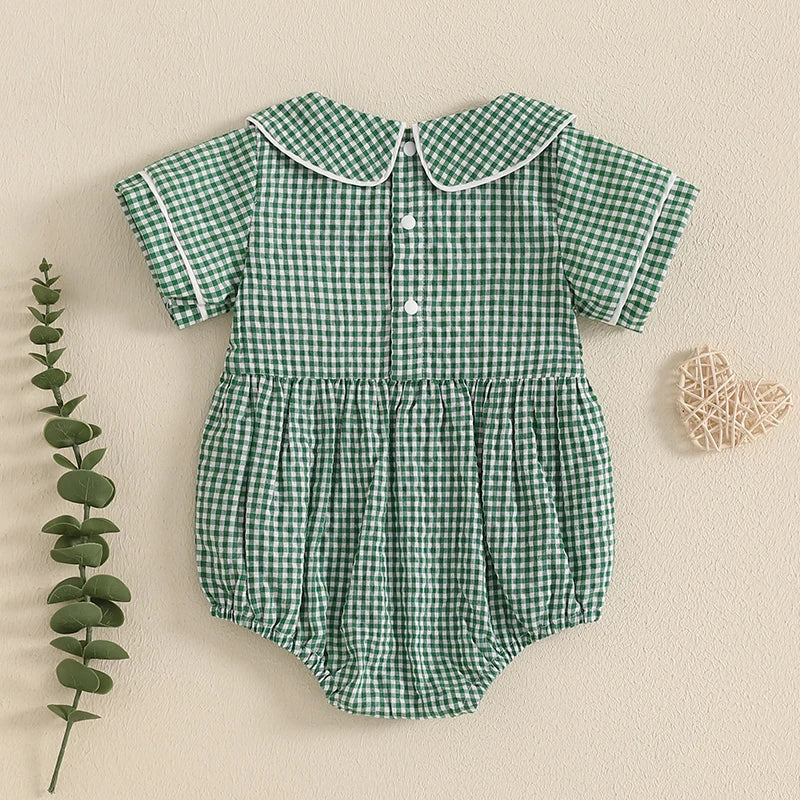 Tractor Embroidered Plaid Romper