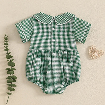 Tractor Embroidered Plaid Romper
