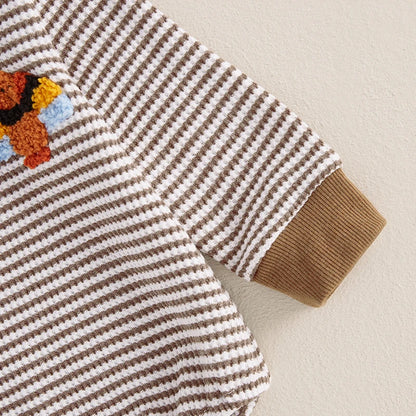 Barboteuse décontractée à manches longues avec broderie de dinde et rayures