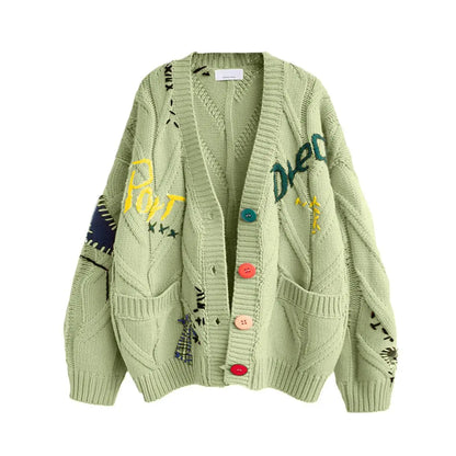 Embroidery Knitted V Neck Cardigan