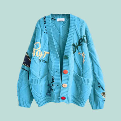Embroidery Knitted V Neck Cardigan