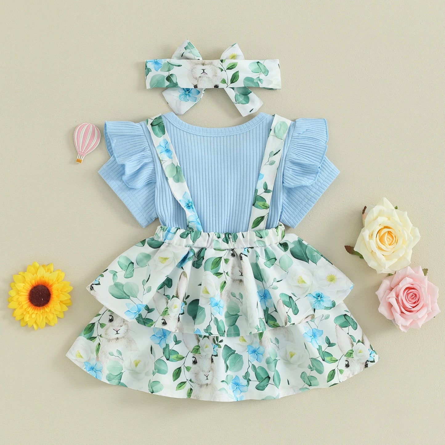 3 Piece Casual Floral Outfit with Headband