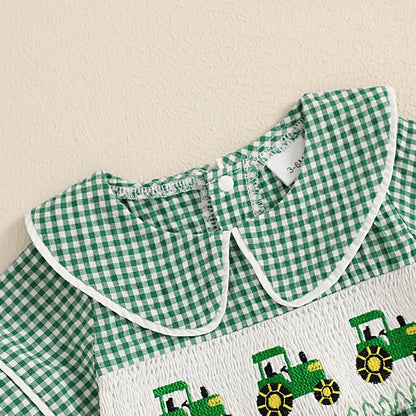 Tractor Embroidered Plaid Romper