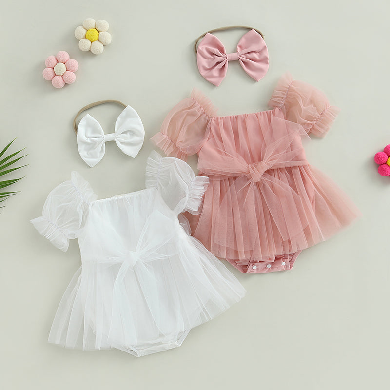 Romper Dress Short Puff with Bow Headband