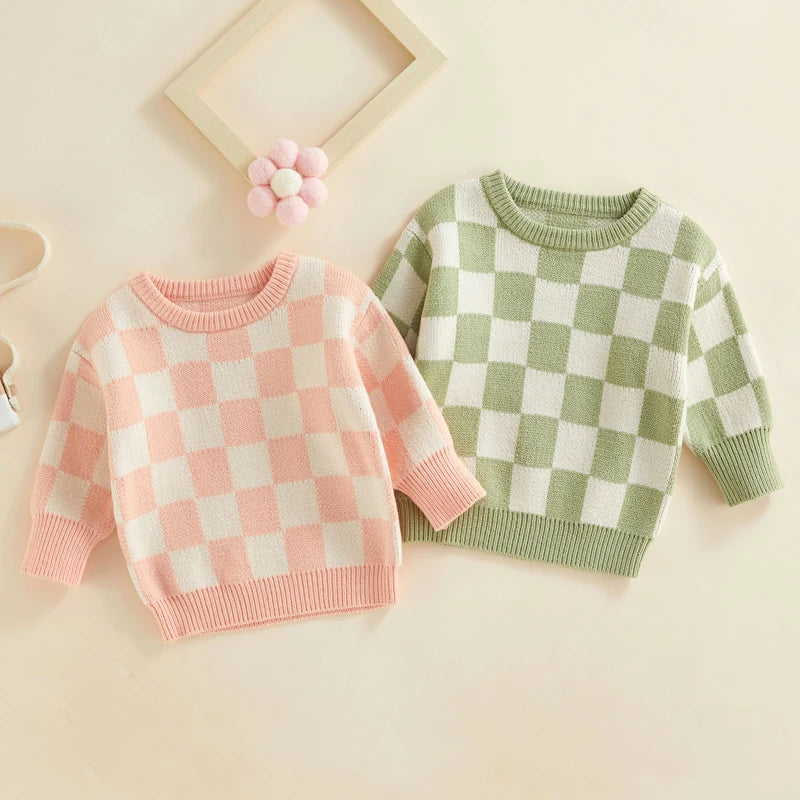 Checked-Box Long Sleeve O Neck