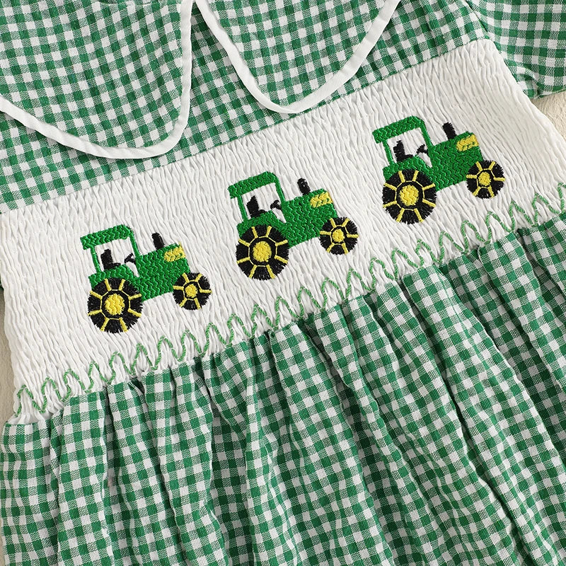 Tractor Embroidered Plaid Romper