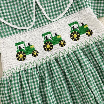Tractor Embroidered Plaid Romper