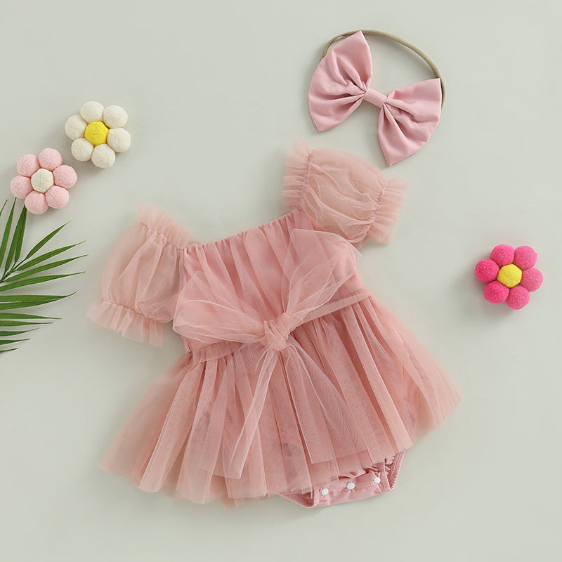 Romper Dress Short Puff with Bow Headband