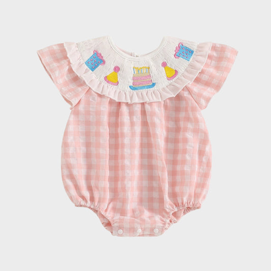 Embroidery Plaid Short Sleeve Romper