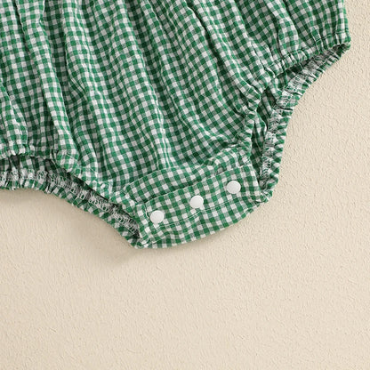 Tractor Embroidered Plaid Romper