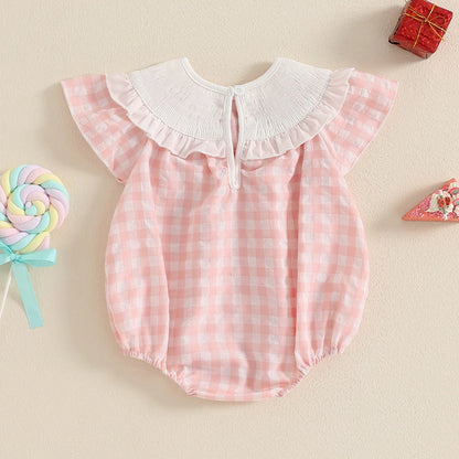 Barboteuse à manches courtes avec broderie à carreaux