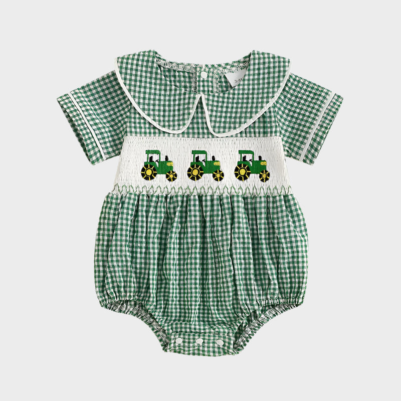 Tractor Embroidered Plaid Romper
