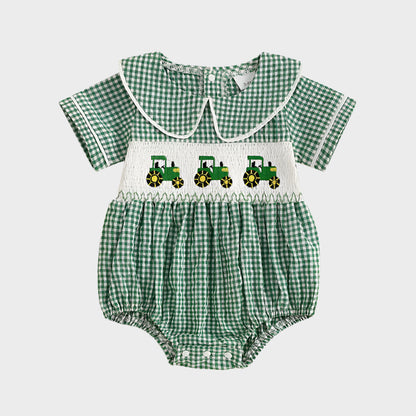 Tractor Embroidered Plaid Romper