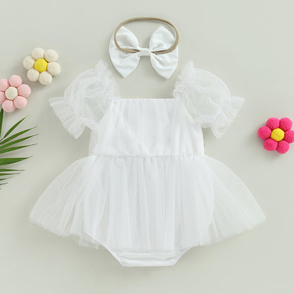 Romper Dress Short Puff with Bow Headband