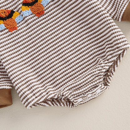 Barboteuse décontractée à manches longues avec broderie de dinde et rayures